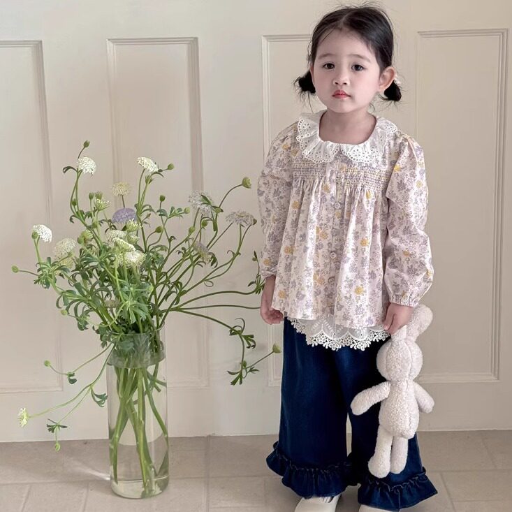 小洛特90-140秋女童打揽衬衫ins女童棉质印花 女宝 花边领衬衣