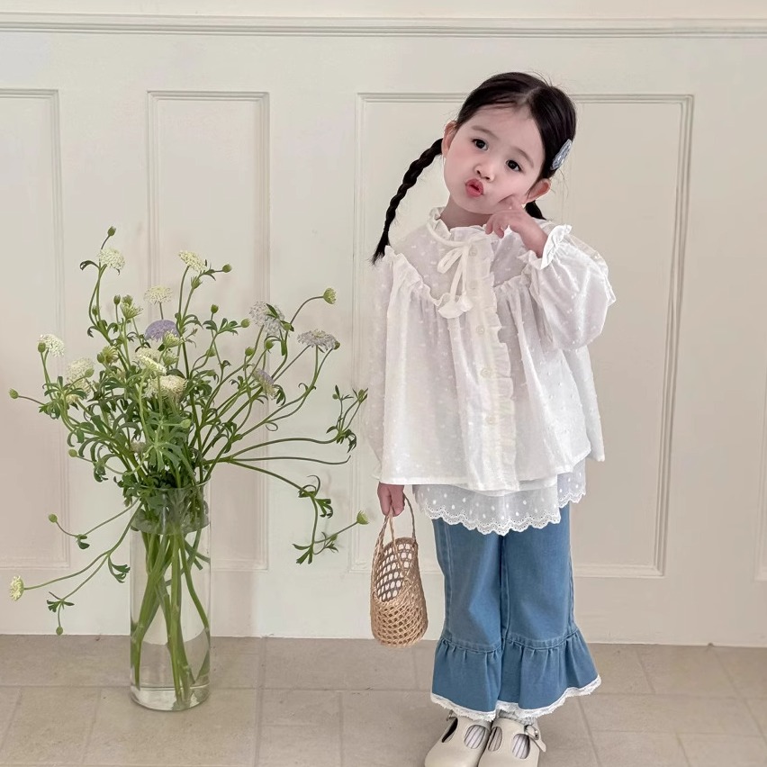 小洛特90-140秋温柔甜美减龄两件套绑带衬衫外搭针织马甲套装