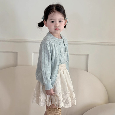 小洛特  春90-140出口套装甜美镂空毛织开衫内搭马甲刺绣棉半裙