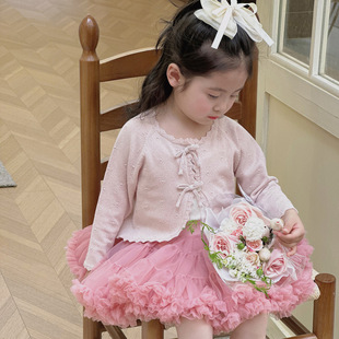 25春夏90-140女童披肩短款细线开衫手工蝴蝶结闪光银线针织空调衫