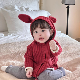 小洛特73-110ins连帽开衫毛衣女宝加厚复古麻花可爱兔耳朵外套