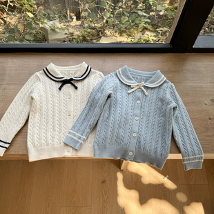 小洛特90-150秋女童海军领毛衣翻领条纹撞色毛线 棉线针织开衫