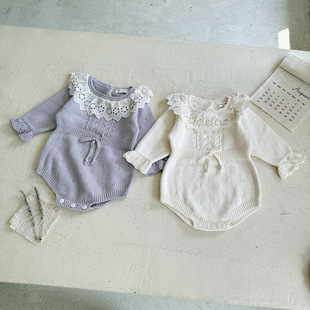 小洛特25秋冬66 荷叶领三角连体 90ins针织蕾丝花边爬服哈衣插肩袖