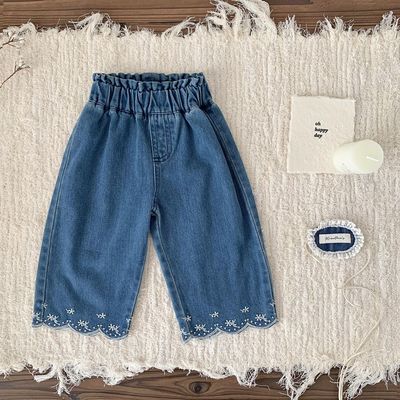 25春73-110女童装 棉质牛仔直筒裤女竹节绣花波浪边阔腿牛仔裤