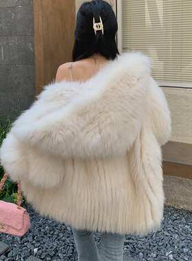 海宁冬年轻款大白熊双面编织狐狸毛皮草外套女中长款连帽长袖圆领