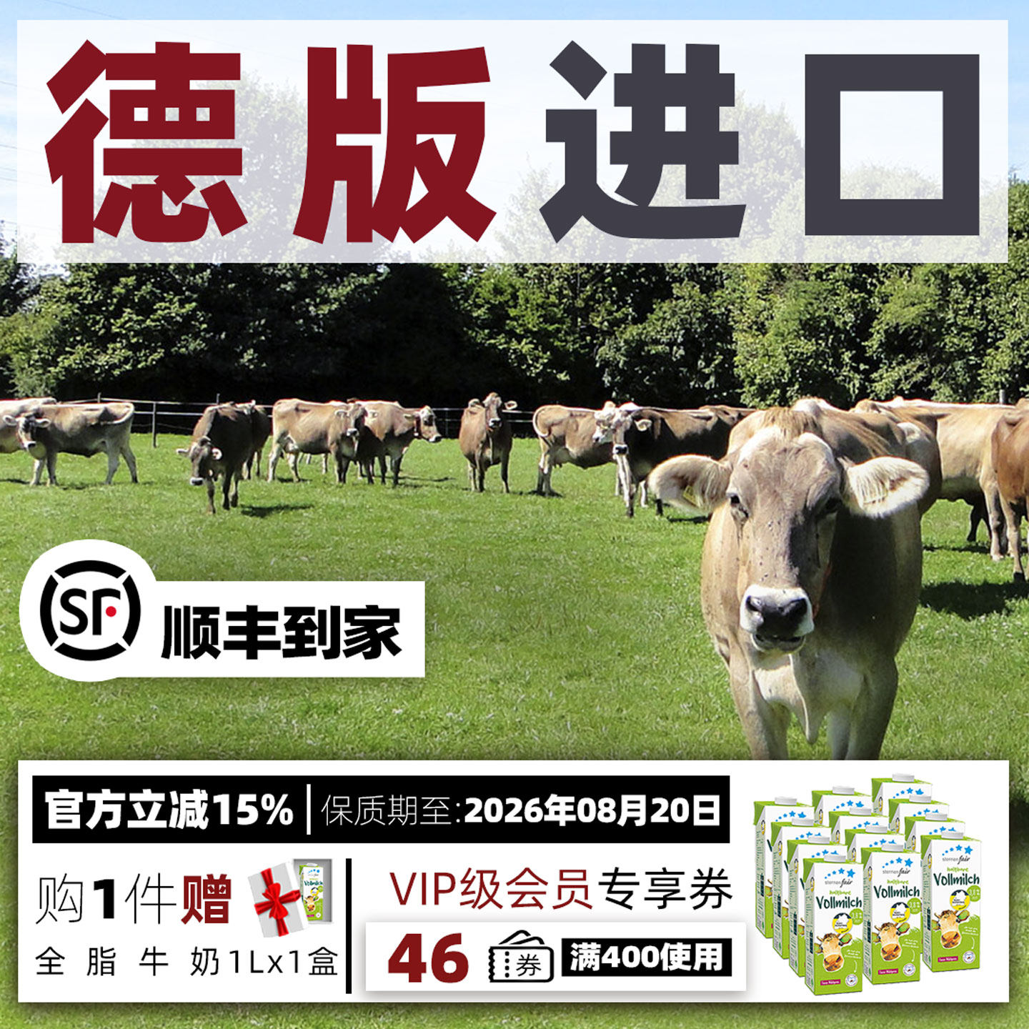 [效期至:2026年8月20日]喜德宝德国原装进口全脂纯牛奶1L*12盒