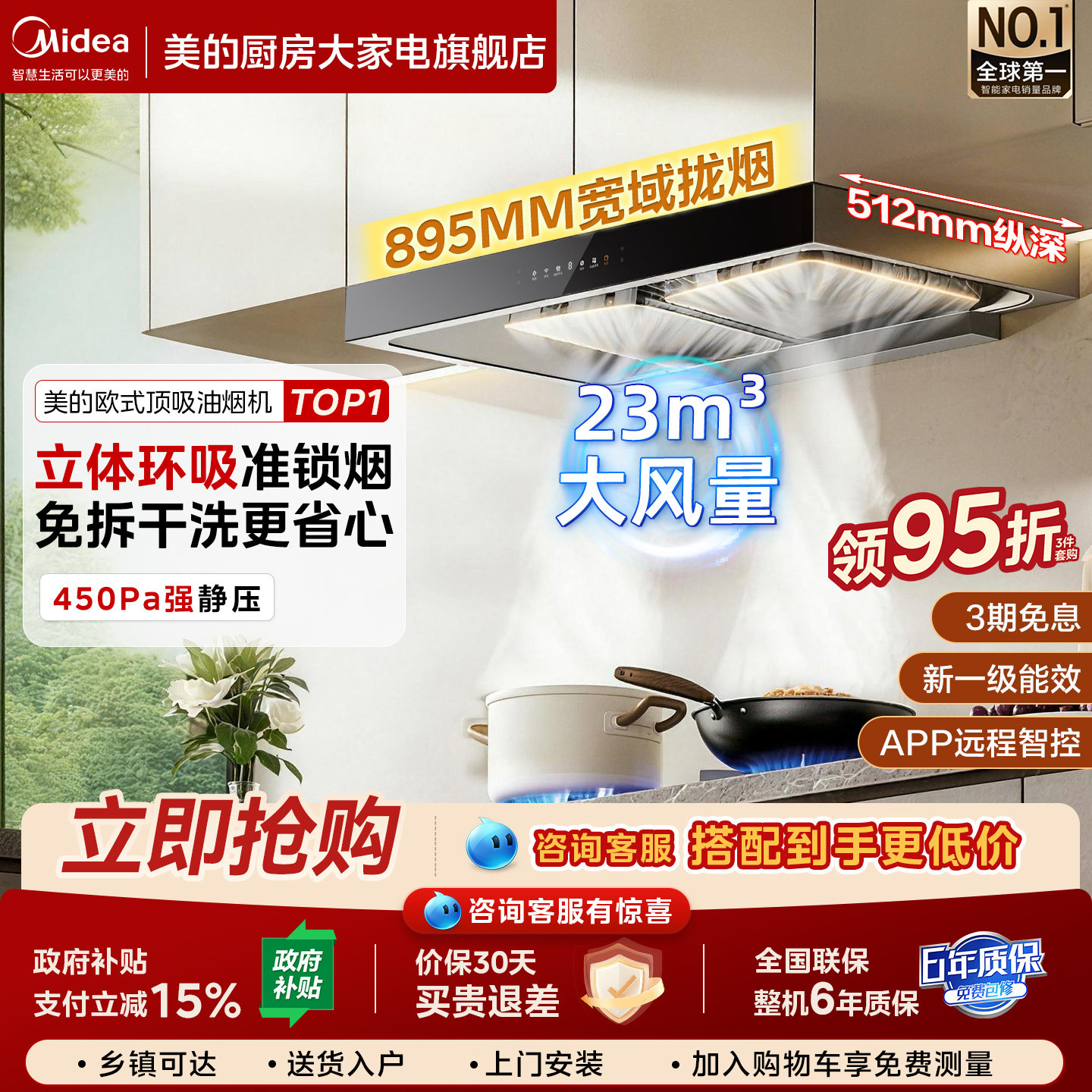 美的家用厨房大吸力风量抽油烟机欧式顶吸油烟机T36PRO官方正品