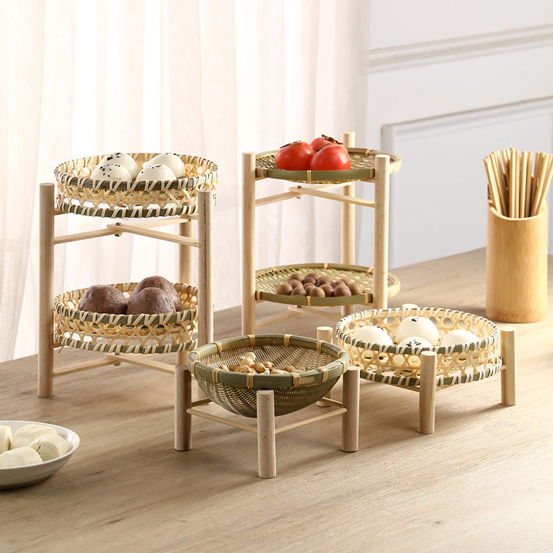 手工竹编收纳筐双层水果盘竹编制品簸箕家用客厅点心筐竹篮展示架