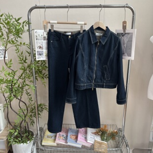 深圳南油港式深靛蓝加厚加棉牛仔套装 内衬定染花色印花外套+长裤