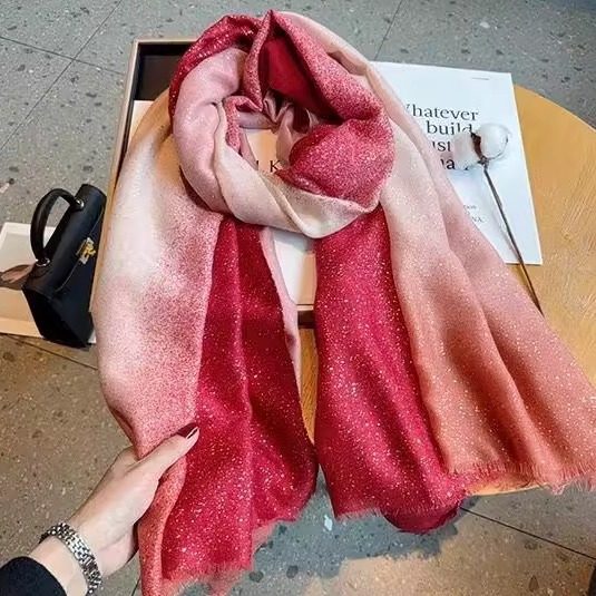 烫金渐变色丝巾女春秋季韩版百搭出游大披肩冬天薄款棉麻围巾纱巾