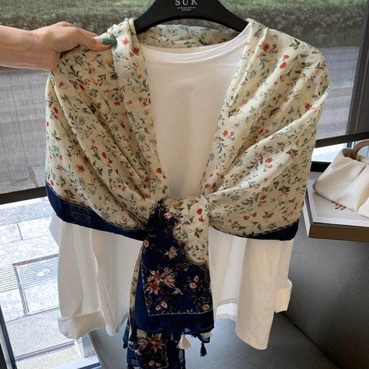 法国进口适用春秋复古碎花棉麻围巾女妈妈花朵丝巾长款纱巾薄款