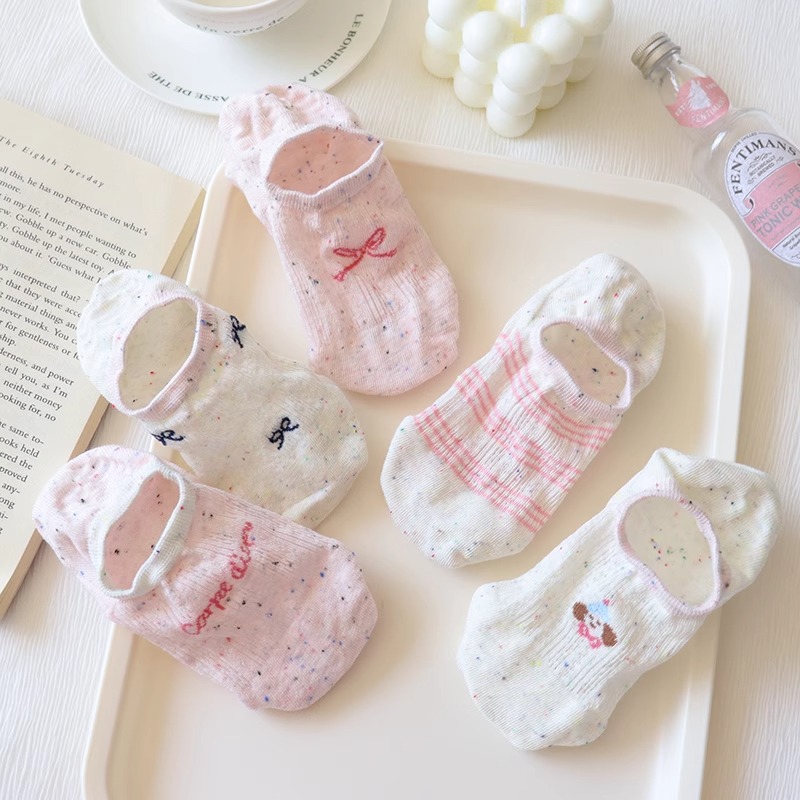 少女粉色袜子女夏季薄款点纱浅口船袜防滑不掉跟隐形袜纯棉条纹袜