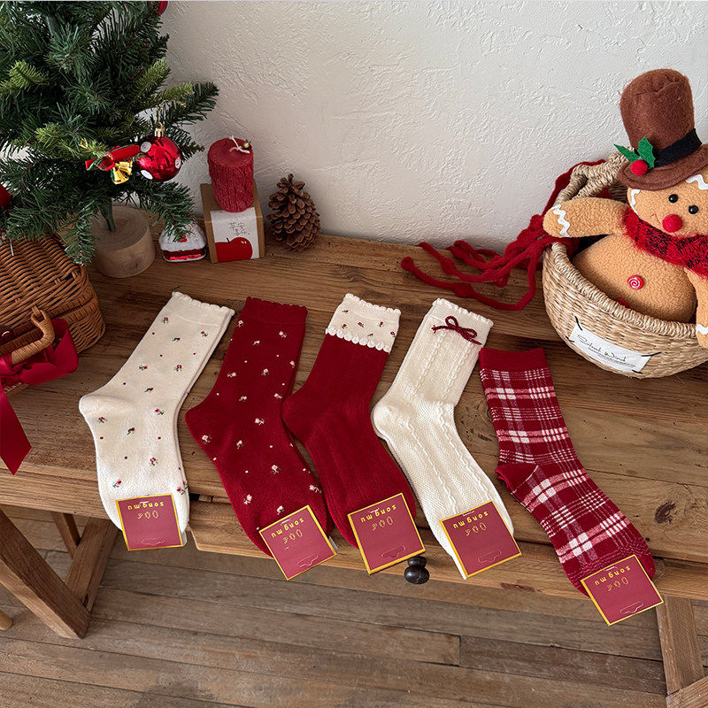 圣诞节日本命年大红色中筒袜女可爱蝴蝶结波点格子袜ins潮