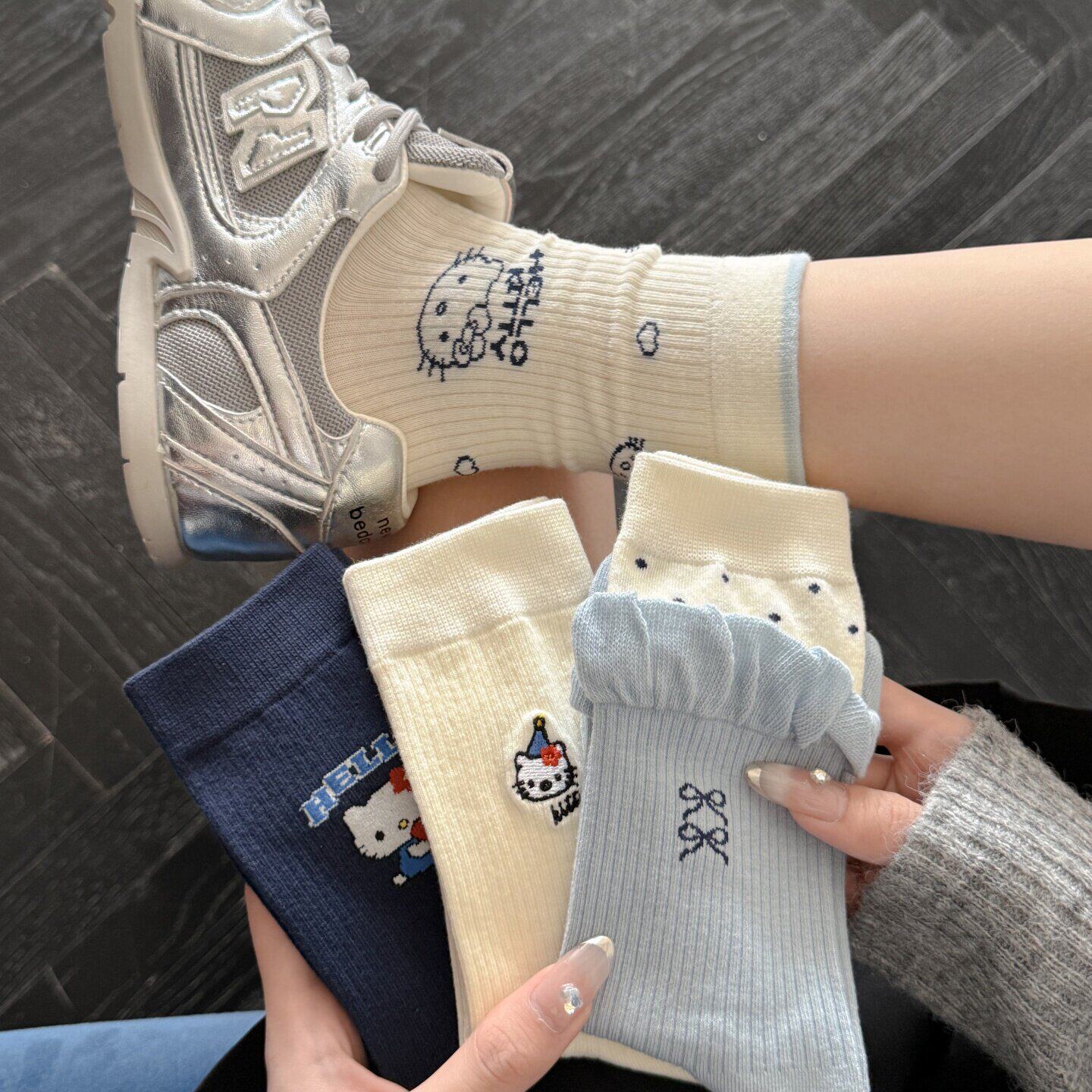 袜子女中筒袜春秋款纯棉日系ins潮韩国卡通可爱猫咪长袜精梳棉