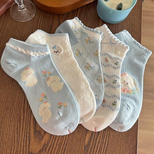 可爱小狗袜子女夏季薄纯棉短袜低帮浅口花边日系蝴蝶结无骨不掉跟