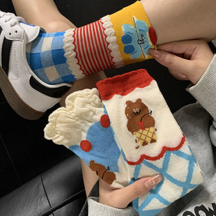 小熊可爱卡通袜子女春夏季多巴胺网眼中筒袜镂空少女纯棉女袜薄款