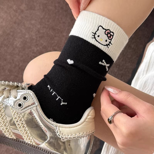 黑白kitty猫咪羊毛绒袜子女秋冬款加厚保暖可爱卡通堆堆袜中筒袜