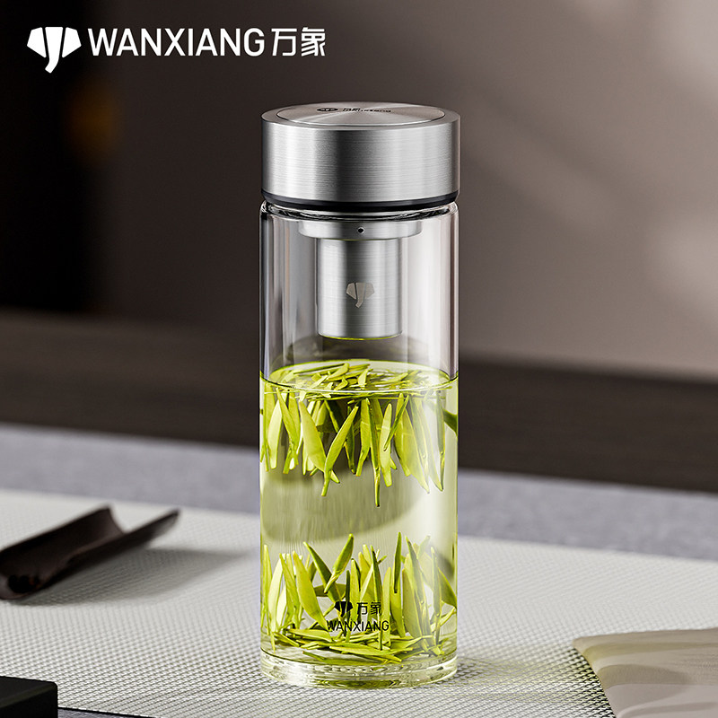 万象新款双层玻璃杯隔热防烫车载便携式水杯商务办公喝茶杯V905R