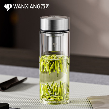 万象新款双层玻璃杯隔热防烫车载便携式水杯商务办公喝茶杯V905R