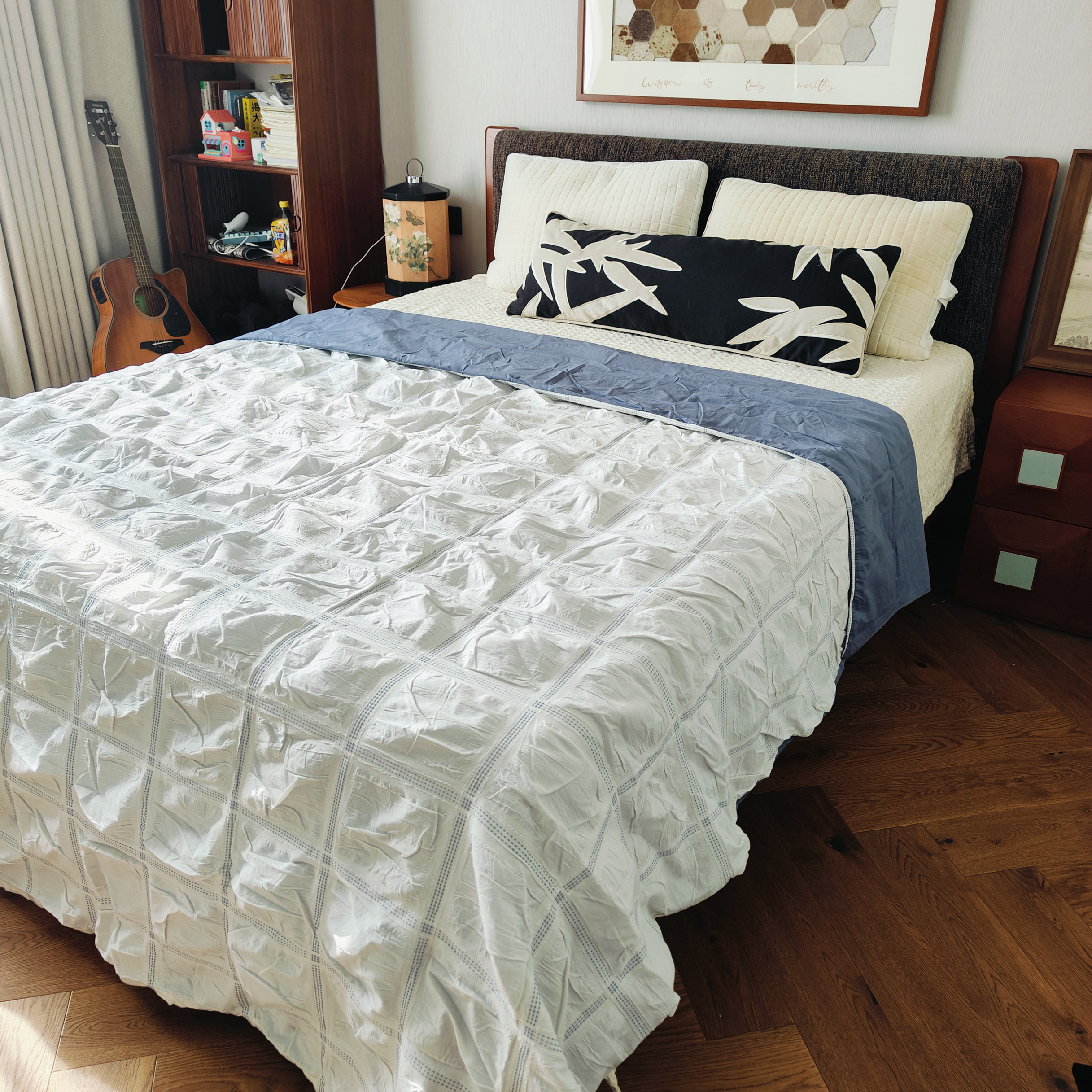 外贸出口纯棉色织褶皱立体提花双人被套全棉纯色AB版质感被罩单品