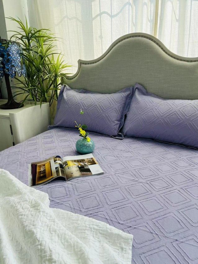 外贸出口精梳纯棉三层交织提花剪花工艺双人床单枕套单品全棉纯色