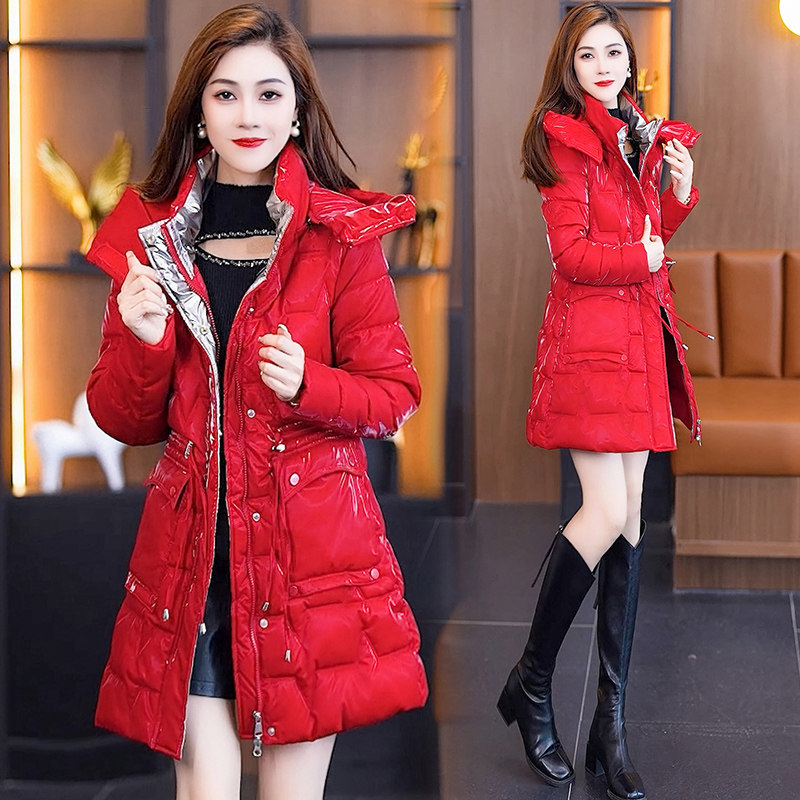 免洗羽绒棉服女中长款加厚亮面棉衣2025新款修身棉袄冬季百搭外套