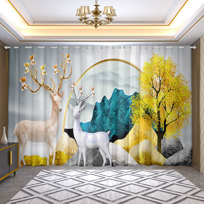 中国山水画金色鹿窗帘新中式