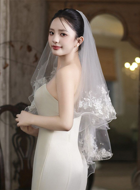 头纱头饰法式蕾丝领证求婚蓬蓬纱