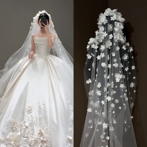 重工花朵头纱2026新娘结婚拍照