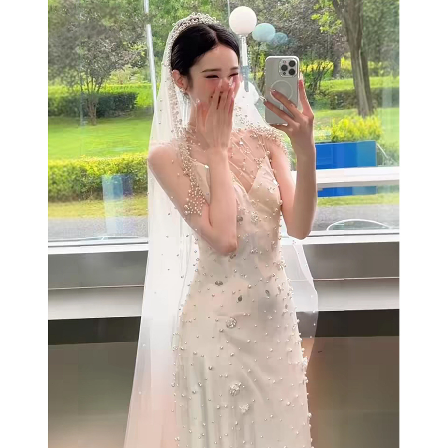 复古宫廷珍珠长拖尾新娘婚纱头纱