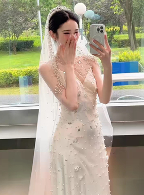 复古宫廷珍珠长拖尾新娘婚纱头纱