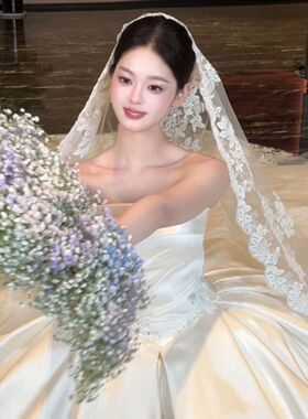 复古蕾丝长款新娘白色头纱拍照