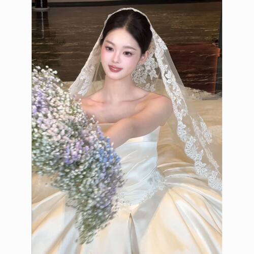 复古蕾丝长款新娘白色头纱拍照