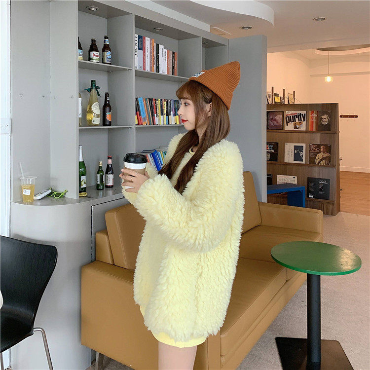 Real shot real price Korean heavy lamb wool round neck mid length sweater coat