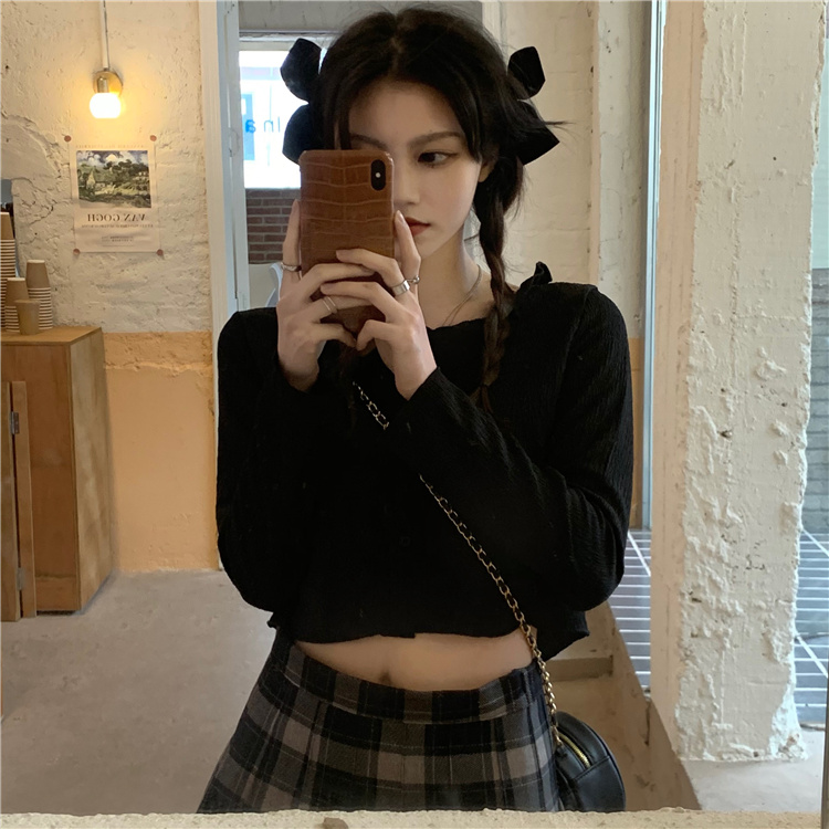 實拍實價2021新款甜美長袖褶皺短款襯衫上衣