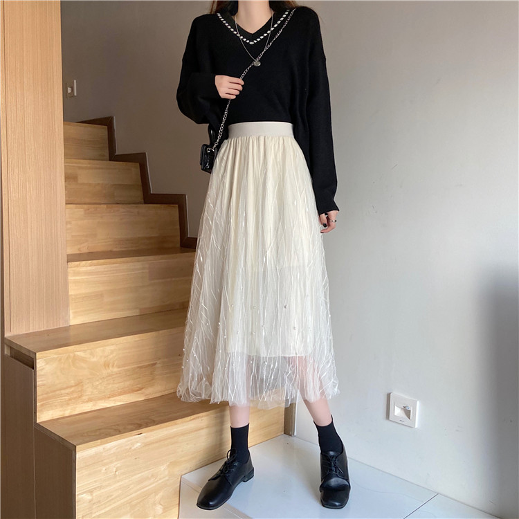 Korean heavy industry nail beads mid length large swing mesh skirt