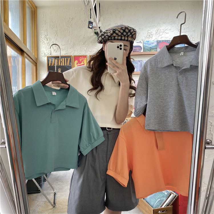 New Summer Short Sleeve T 桖 Polo neck bubble sleeve top