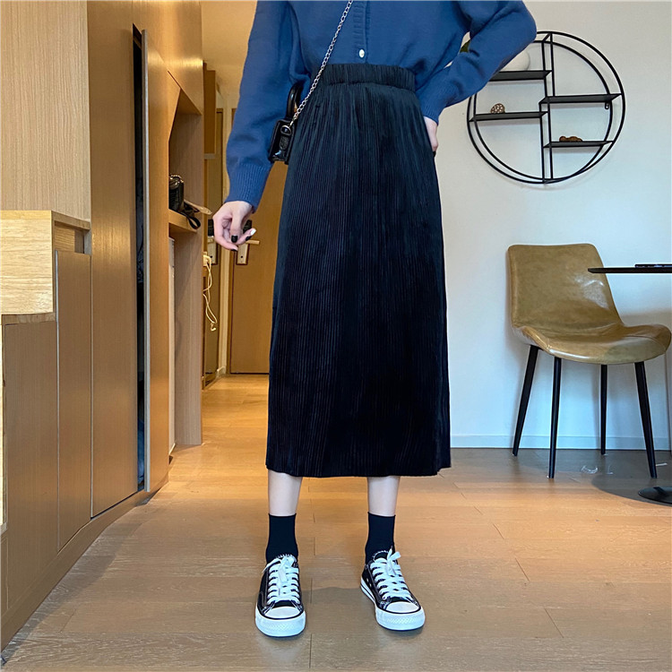 Real price Korean solid color elastic waist drape feeling high waist split pleated A-line skirt