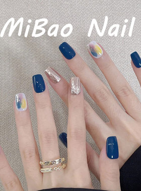 蓝色系美甲克莱因蓝法式纯手工穿戴甲高级感气质美甲贴片短款成品