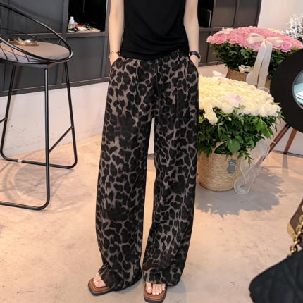 复古豹纹阔腿裤女夏季爆款高腰松紧腰宽松显瘦直筒薄款时尚休闲裤