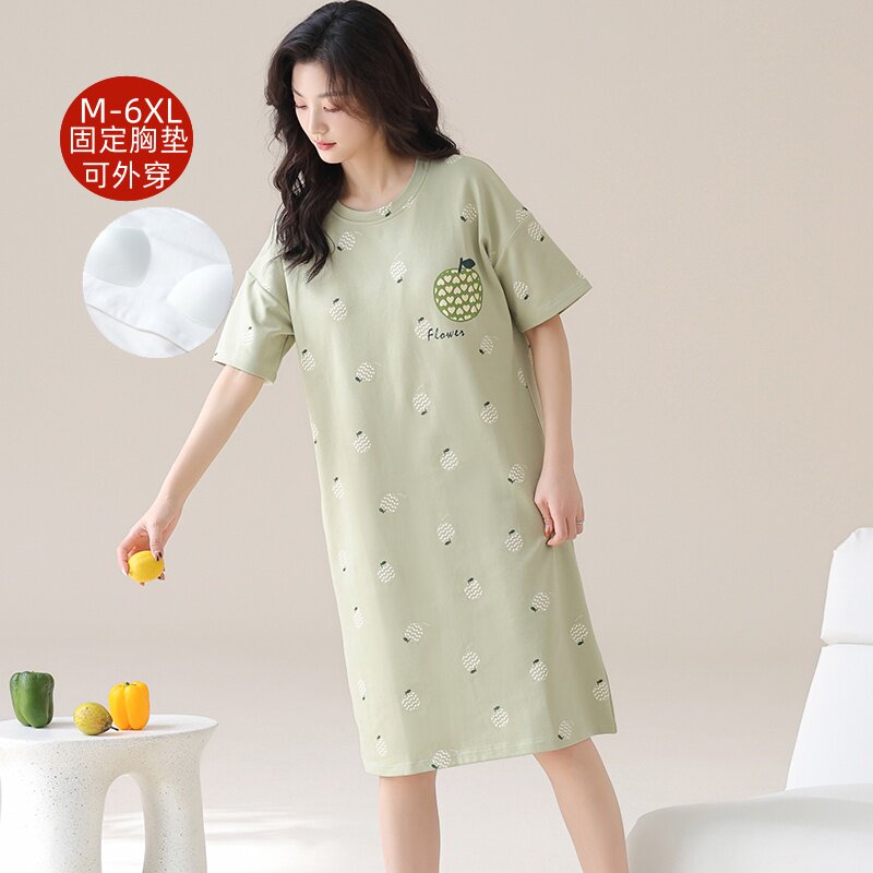 带胸垫一体睡裙女夏纯棉短袖甜美卡通胖妹妹特大码200斤家居服5XL