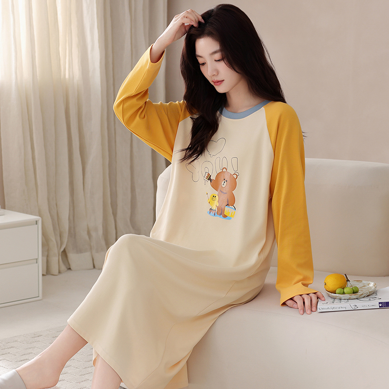 睡裙女士春秋款2025新款纯棉长袖中长裙秋季特大码卡通学生家居服