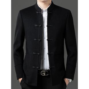 意大利奢侈春秋男高端唐装羊毛双面尼夹克衫中山装行政公务员外套