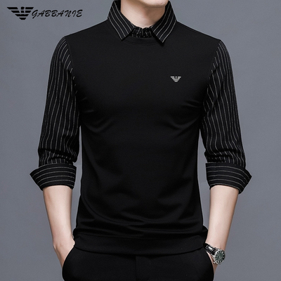 GABBANIE男士长袖t恤秋冬季纯棉衬衫领休闲加绒假两件针织polo衫