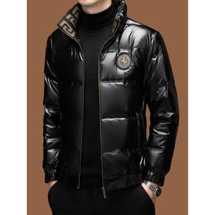 2025冬季立领羽绒服男士休闲潮流亮面短款加厚白鸭绒奔马高端外套