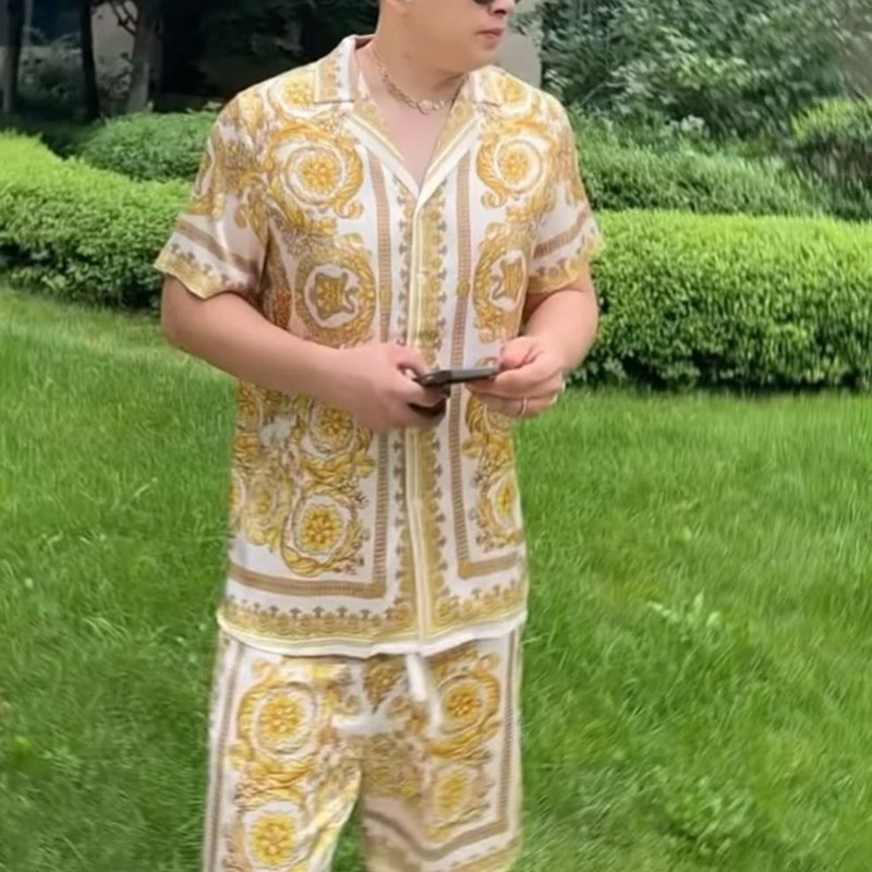 两件套夏季休闲套装男士居家户外睡衣高档复古花色巴洛克潮牌宽松
