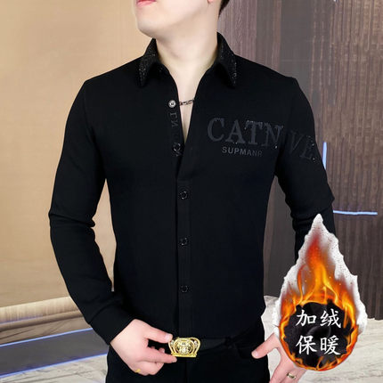 高档男款卫衣衬衫秋冬装潮牌时尚奢华修身开衫重磅加绒长袖黑执事