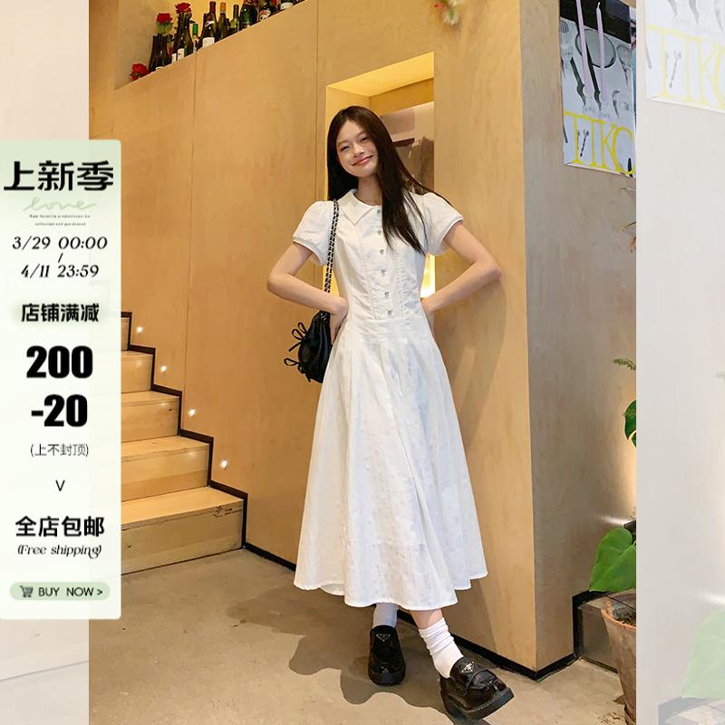 宋正恩白色泡泡袖衬衫连衣裙女长裙夏季学院风小个子气质收腰裙子