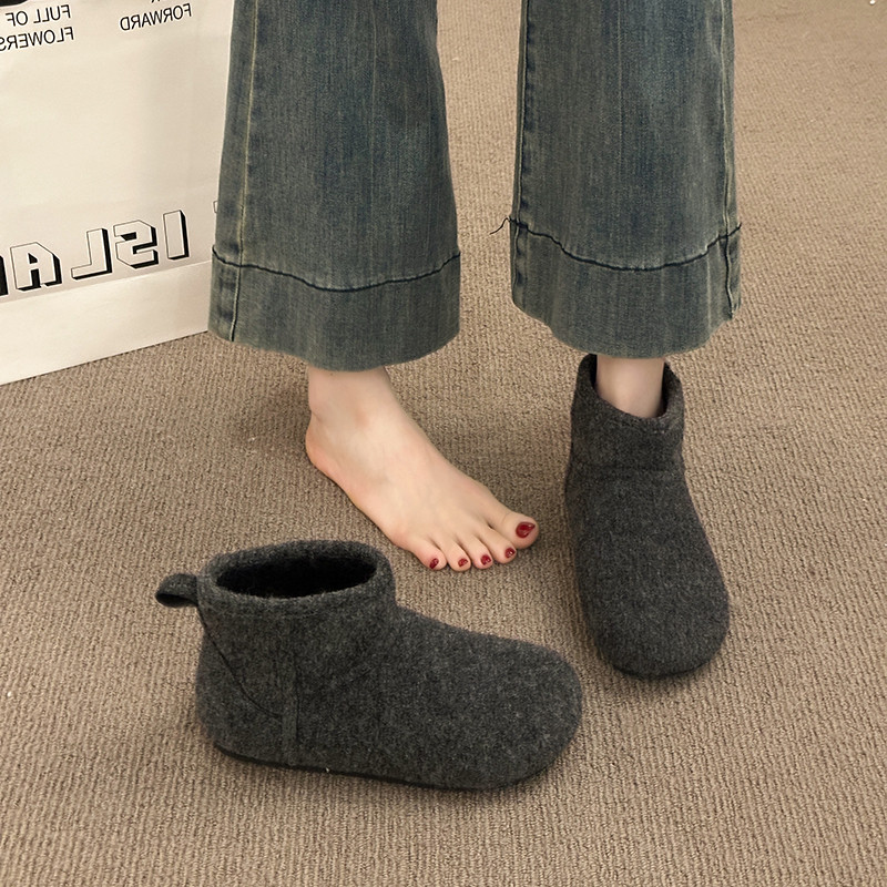 灰色毛毡勃肯雪地靴女2025冬季新款加绒保暖短靴一脚蹬防滑棉鞋