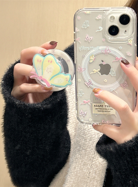 ins韩风小清新少女心甜美可爱粉色蝴蝶结15promax适用iPhone14苹果13pro透明亚克力蝴蝶磁吸支架12手机壳11女